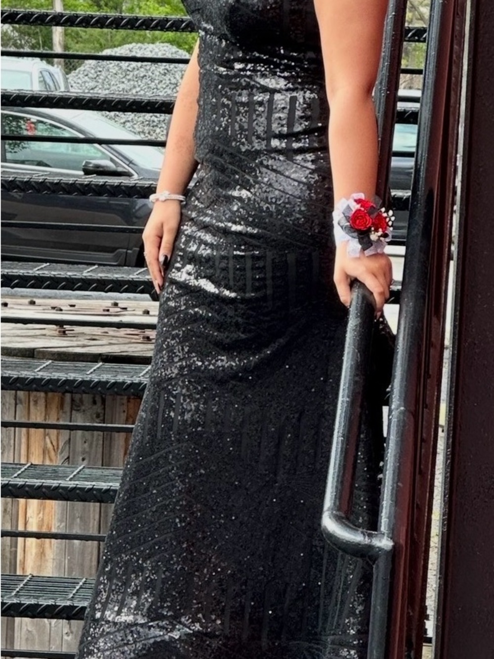 Black Sequin Strapless Evening Gown